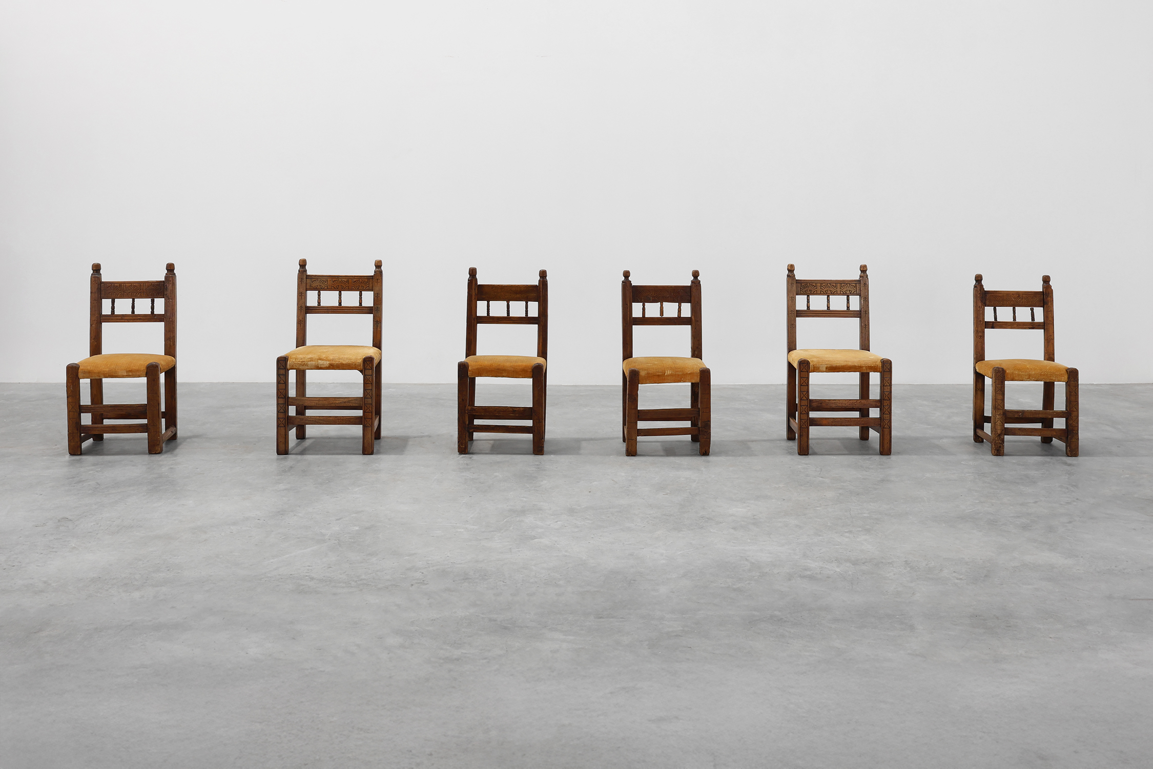 Six 19th Century Spanish Hand-Carved oak Side Chairs with Velour Seatthumbnail